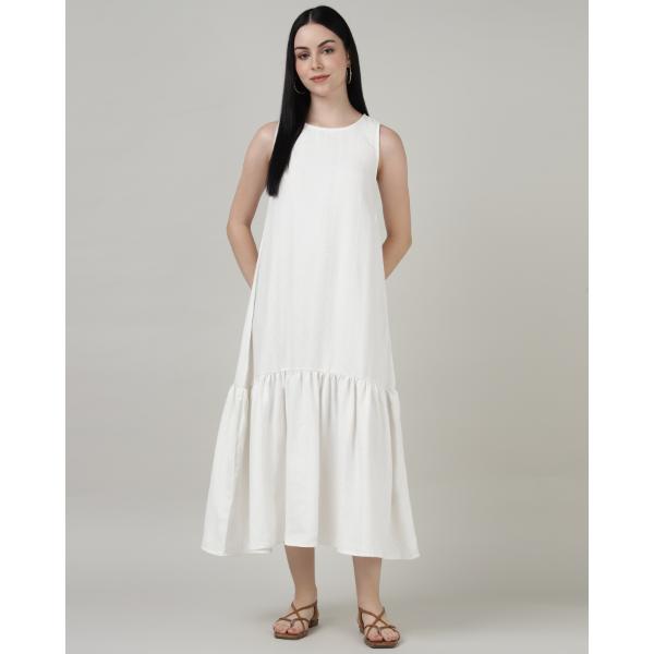 WHITE SLEEVELESS MAXI DRESS WITH GATHERED HEM